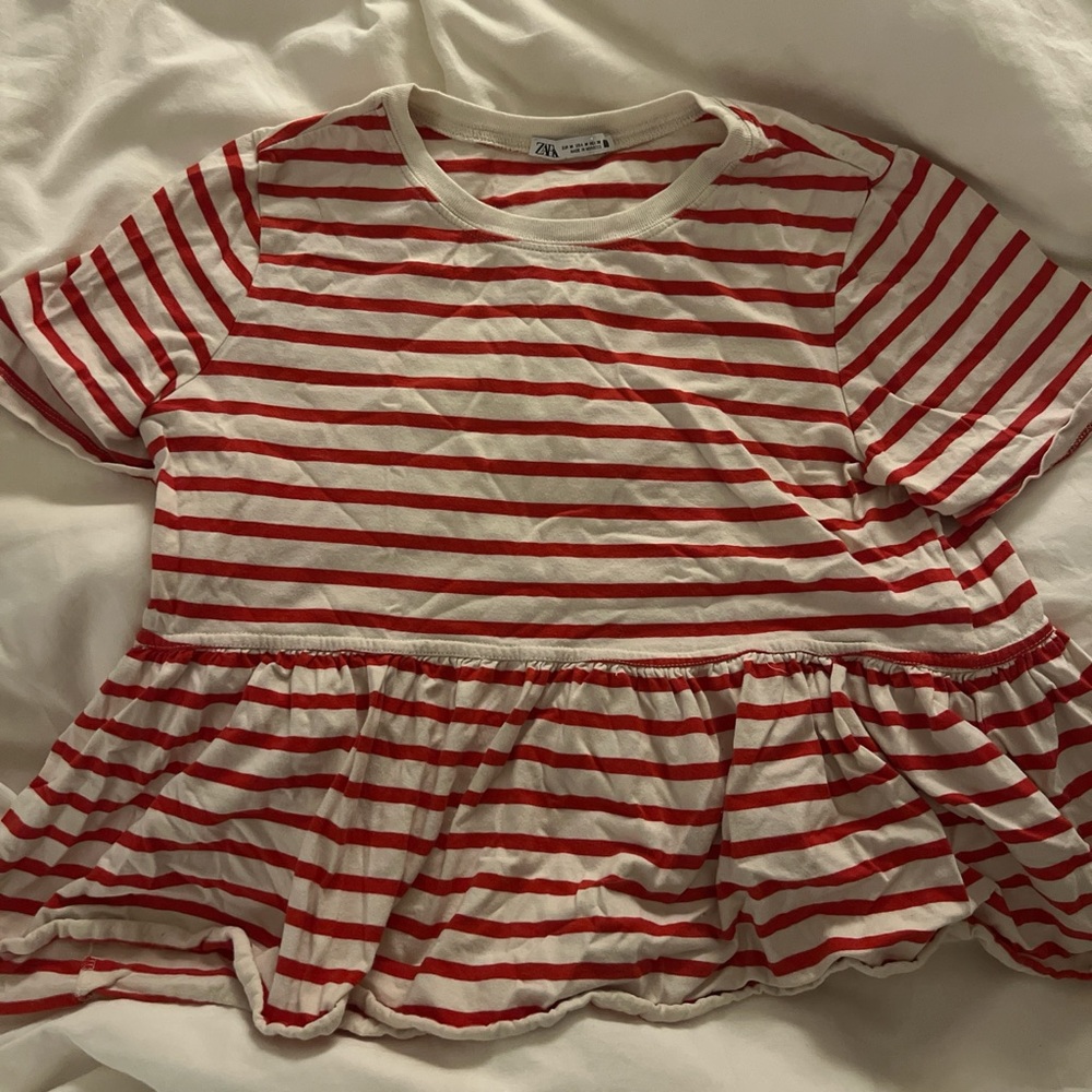 Zara Kids Red and White Striped Peplum Tee